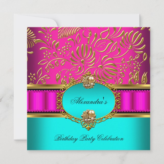 Invitation Elégant Turquoise Hot rose or Damask Anniversaire  (Devant)
