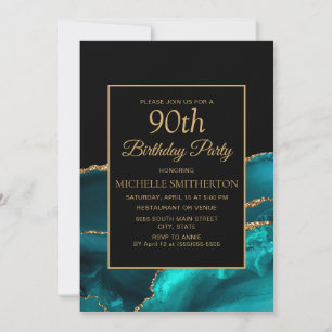 Invitation Elégant Turquoise Marbre Noir Or 90e anniversaire