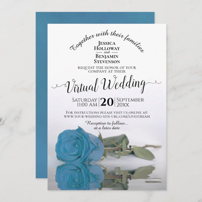 Invitation Elégant Turquoise ou Sky Blue Rose Mariage virtuel (Devant / Derrière)