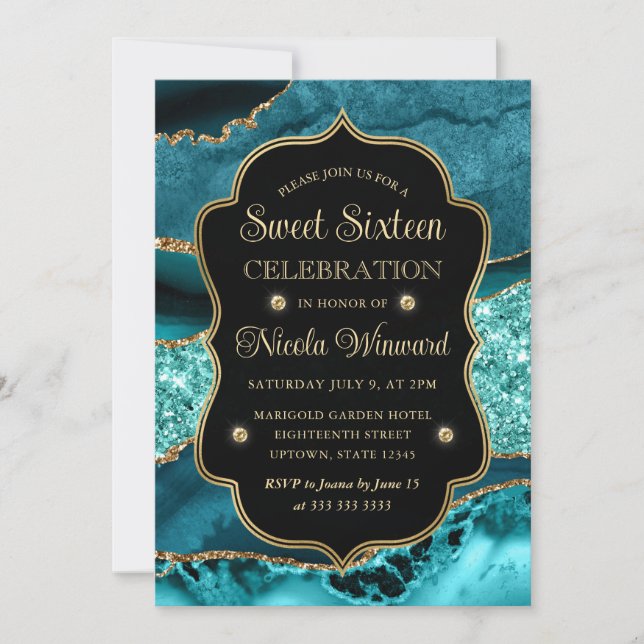 Invitation Elégant Turquoise & Paillettes Dorées Agate Sweet  (Devant)