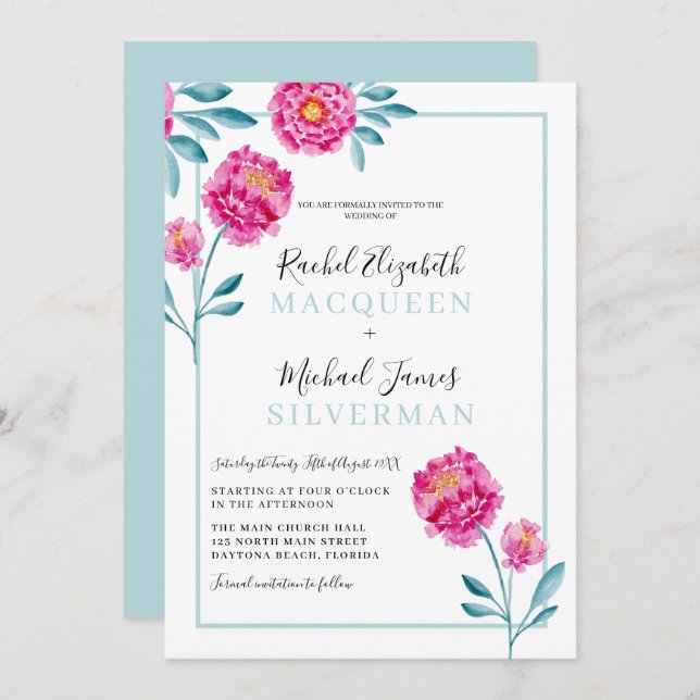 Invitation Élégant Turquoise rose rose  Mariage frontière (Devant / Derrière)