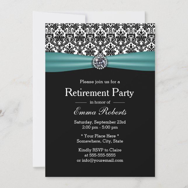 Invitation Élégant Turquoise ruban Damask Retraite Party (Devant)