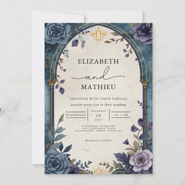 Invitation Élégant Turquoise violet Mariage botanique floral (Devant)