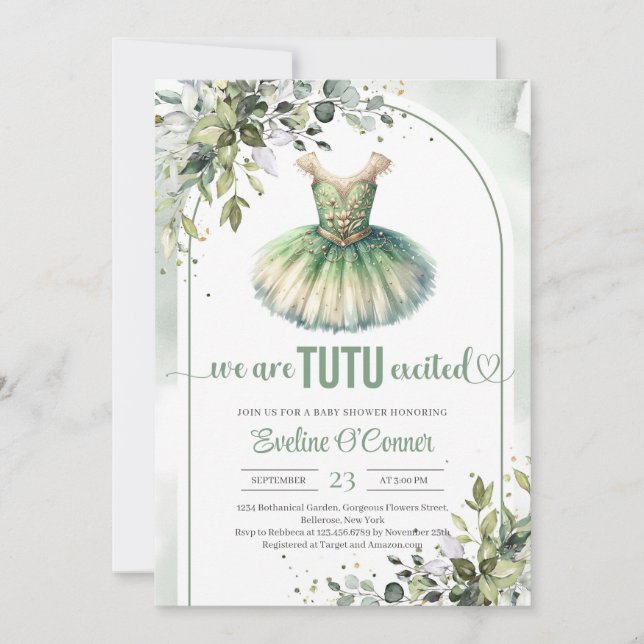 Invitation Elégant tutu vert et or robe eucalyptus (Devant)