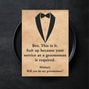 Invitation élégant tuxedo minimaliste moderne groomsman kraft