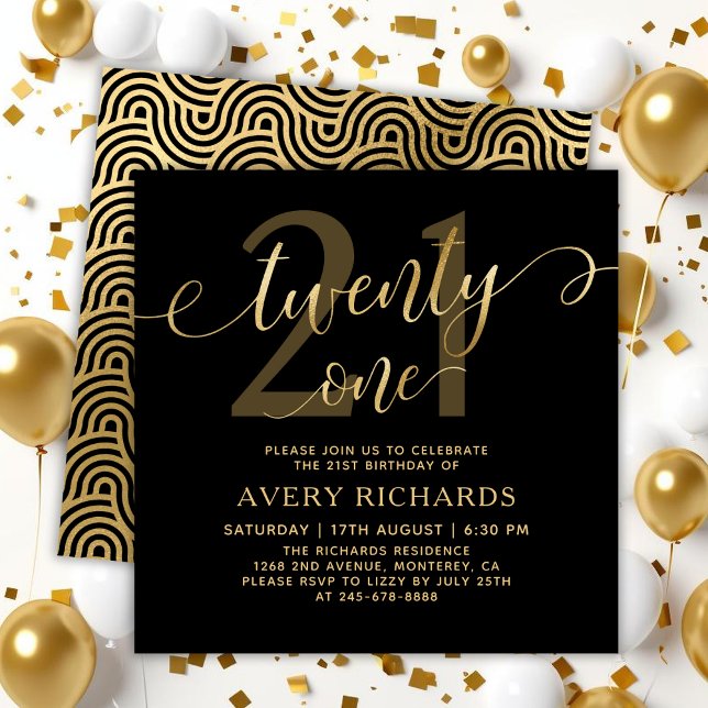 Invitation Elegant Twenty One Gold Script Black 21st Birthday (Créateur téléchargé)