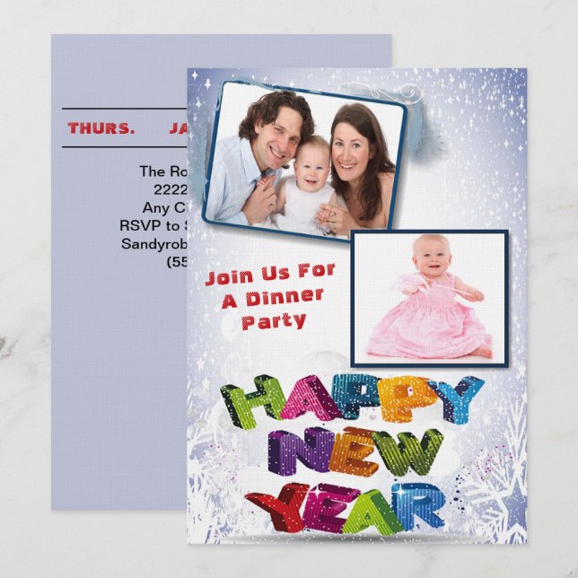 Invitation Elegant Two Photo Happy New Year’s Dinner Party (Devant / Derrière)