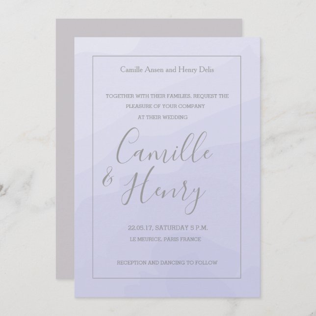 Invitation Elégant type lavande gris aquarelle mariage (Devant / Derrière)