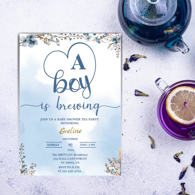 Invitation Elégant un garçon brasse le Baby shower de Tea Par (tea party watercolor blue baby boy )