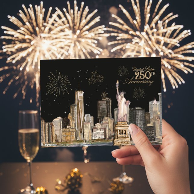 Invitation Elégant US 250e anniversaire NYC Gold Firework (Elegant US 250th Birthday NYC Gold Firework Invitation)
