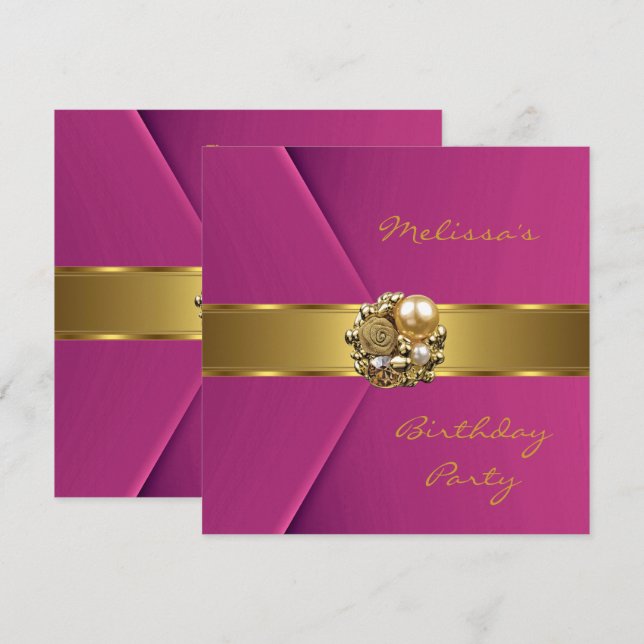 Invitation Élégant velours faux rose orné de bijoux (Devant / Derrière)