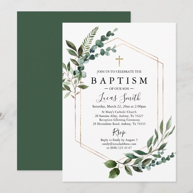 Invitation Elégant Verdure Eucalyptus Gold Cross Baptême (Devant / Derrière)
