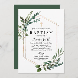 Invitation Elégant Verdure Eucalyptus Gold Cross Baptême