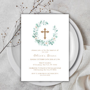 Invitation Elégant Verdure Eucalyptus Gold Cross Baptême