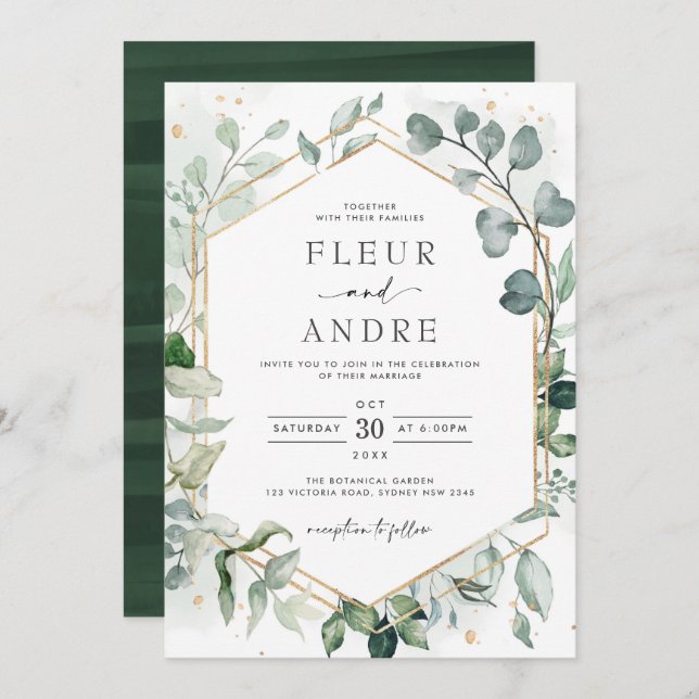 Invitation Elégant verdure Eucalyptus Mariage géométrique or (Devant / Derrière)