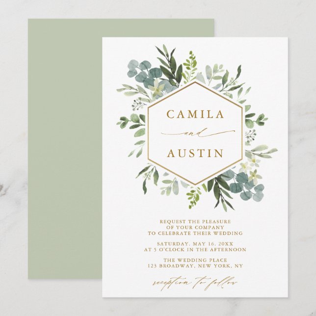 Invitation Élégant Verdure Gold Script Hexagon Mariage (Devant / Derrière)
