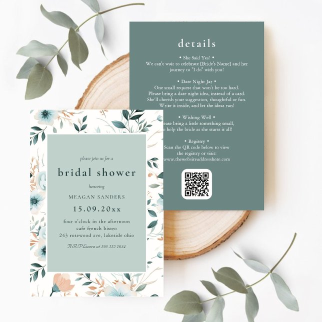 Invitation Elégant verdure luxuriante Détails de la Fête des  (Elegant Lush Greenery Floral Bridal Shower Details Invitation)