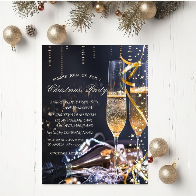 Invitation Élégant verre à champagne Noël Party  (Créateur téléchargé)