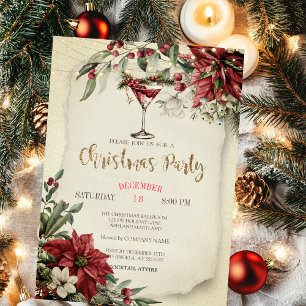 Invitation Élégant Verre à vin Lumières Poinsettia Noël