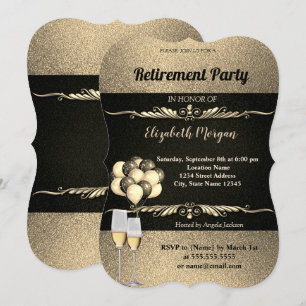 Invitation Elégant verre de vin or, Ballons, Parti de retrait
