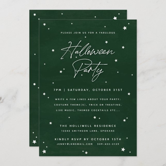 Invitation Élégant Vert+Blanc Étoiles magiques Fête d'Hallowe (Devant / Derrière)