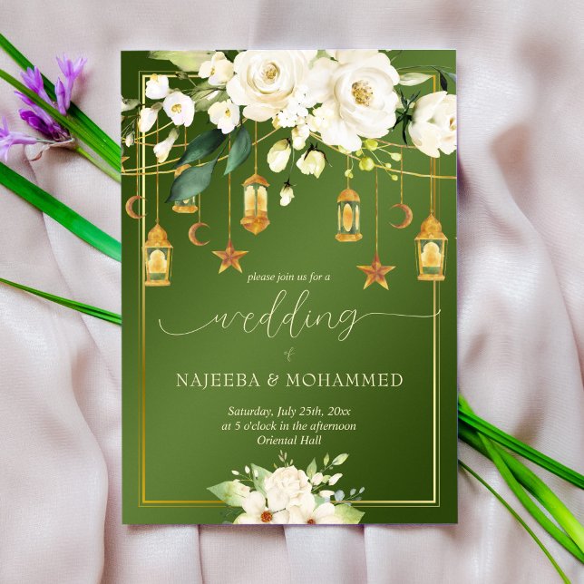 Invitation Élégant vert blanc fleurs mariage islamique (Créateur téléchargé)
