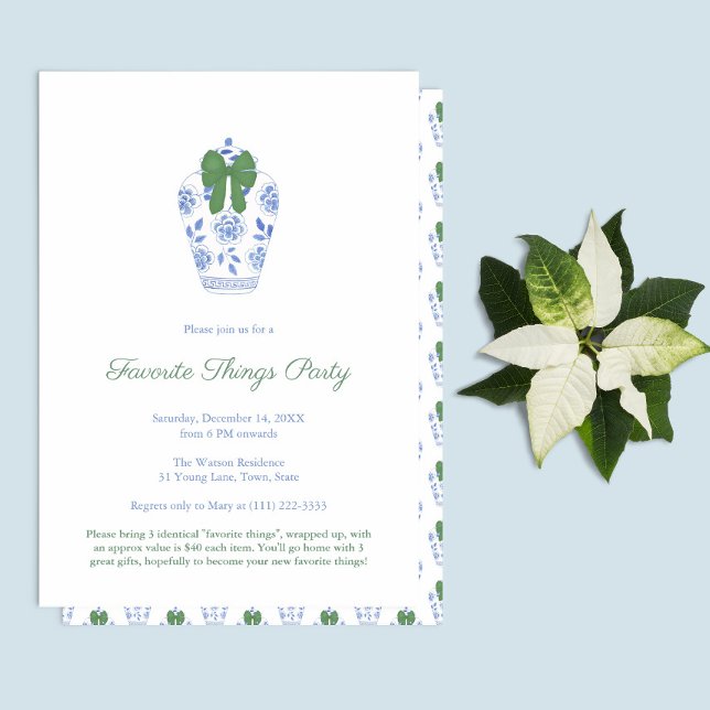 Invitation Elégant Vert Bleu Vacances Favoris (Elegant "Favorite Things" Christmas Holidays Party featuring blue & white ginger jar with green bow)