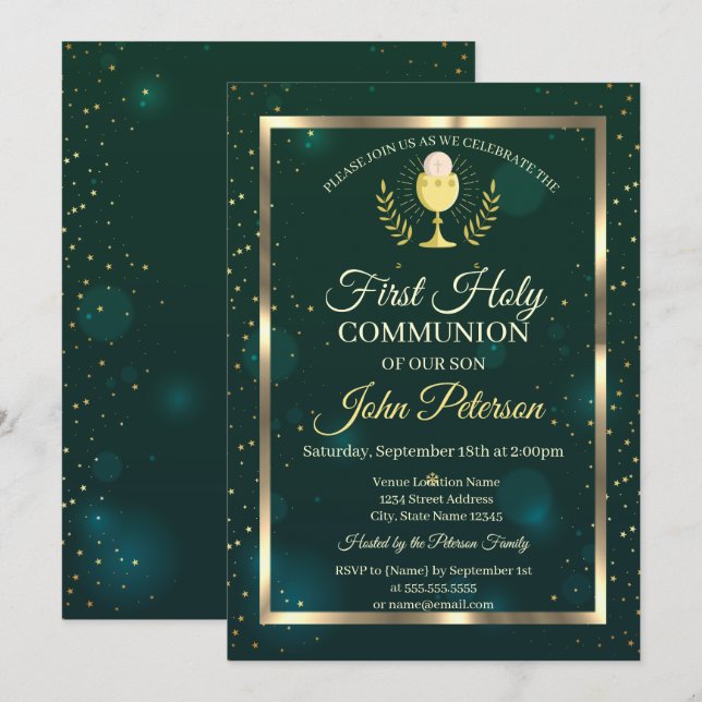 Invitation Élégant Vert,Communion Solennelle Étoiles en Premi (Devant / Derrière)