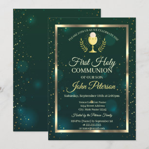 Invitation Élégant Vert,Communion Solennelle Étoiles en Premi