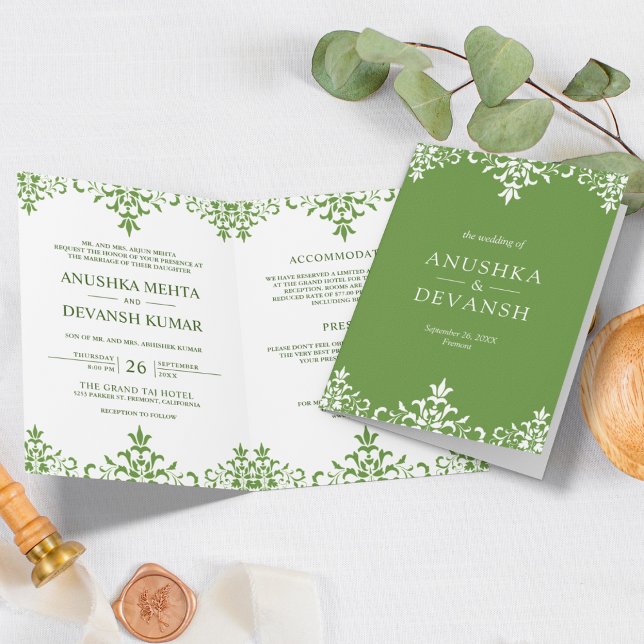 Invitation Élégant vert Damas Mariage indien traditionnel (Créateur téléchargé)