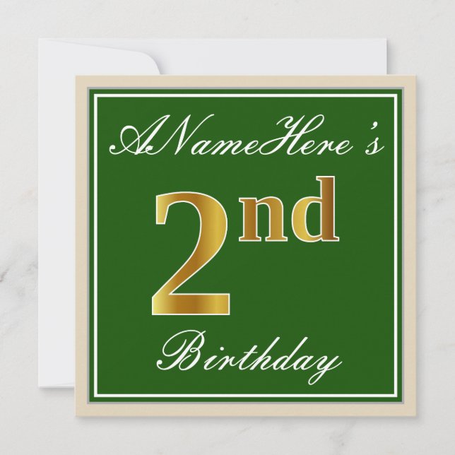 Invitation Élégant, Vert, Doré Faux 2e Anniversaire + Nom (Devant)