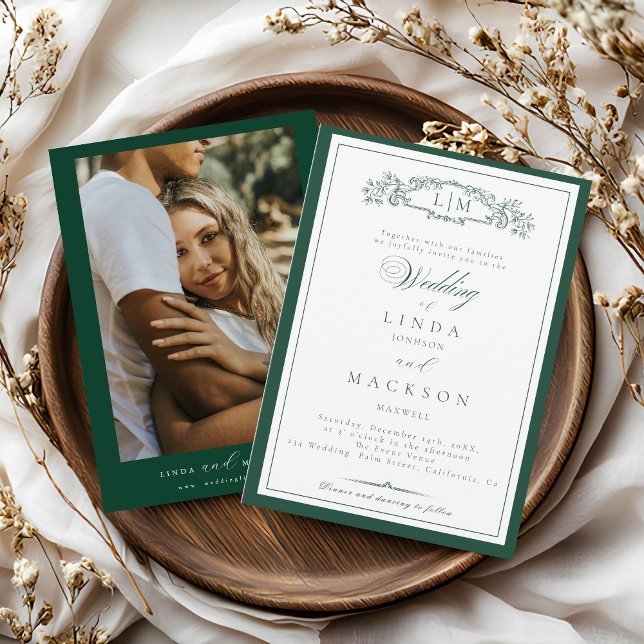 Invitation Élégant Vert Émeraude  Blason Monogramme Mariage   (Créateur téléchargé)