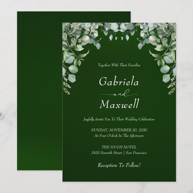 Invitation Élégant vert émeraude et Mariage d'eucalyptus (Devant / Derrière)