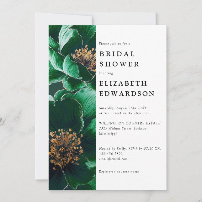 Invitation Élégant Vert Émeraude Floral Code QR Enterrement d (Devant)