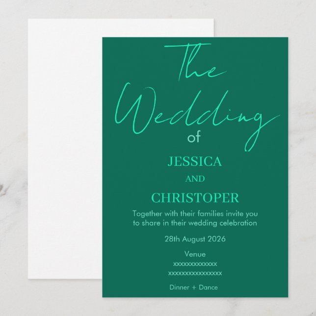Invitation Élégant Vert Émeraude Mariage Typographie Moderne (Devant / Derrière)
