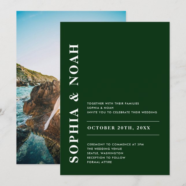 Invitation Élégant Vert Émeraude Moderne Photo Mariage simple (Devant / Derrière)