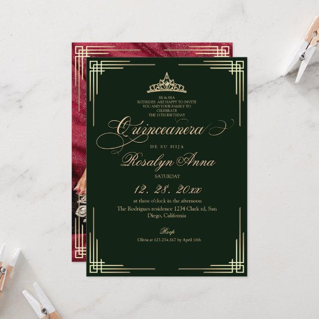 Invitation Élégant Vert Émeraude Princesse Quinceañera  (Devant/Arrière en situation)