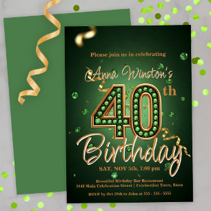 Invitation Elégant Vert et Or 40e anniversaire Célébration