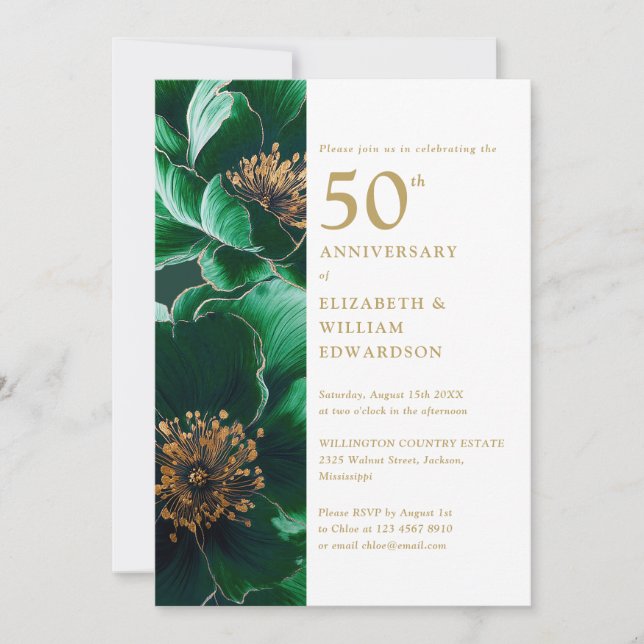 Invitation Élégant Vert Et Or Floral 50e Anniversaire (Devant)