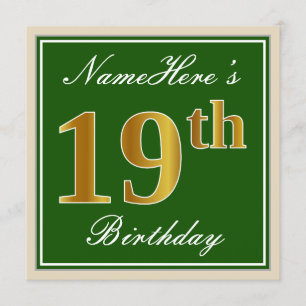 Invitation Elégant, vert, Faux Gold 19e anniversaire + Nom