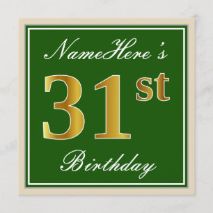 Invitation Élégant, Vert, Faux Gold 31e anniversaire + Nom