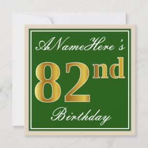 Invitation Élégant, Vert, Faux Gold 82e anniversaire + Nom
