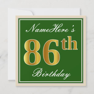 Invitation Elégant, vert, Faux Gold 86e anniversaire + Nom
