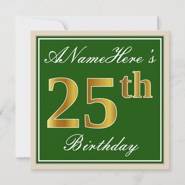 Invitation Elégant, Vert, Faux Or 25ème Anniversaire + Nom (Devant)