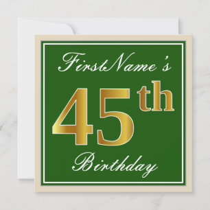 Invitation Elégant, Vert, Faux Or 45ème Anniversaire + Nom