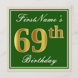 Invitation Elégant, Vert, Faux Or 69ème Anniversaire + Nom