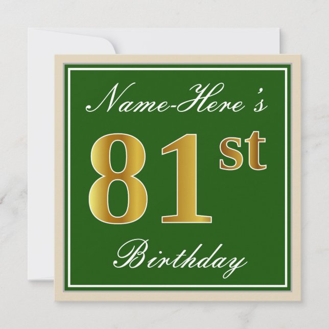 Invitation Elégant, Vert, Faux Or 81ème Anniversaire + Nom (Devant)