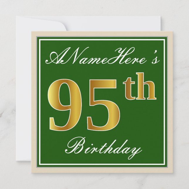 Invitation Elégant, Vert, Faux Or 95ème Anniversaire + Nom (Devant)