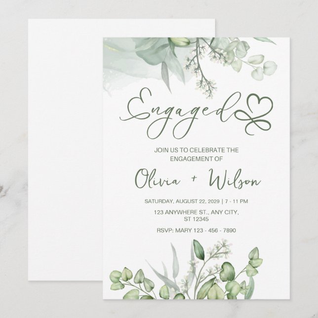Invitation Élégant Vert feuillu de Eucalyptus et Succulente B (Devant / Derrière)