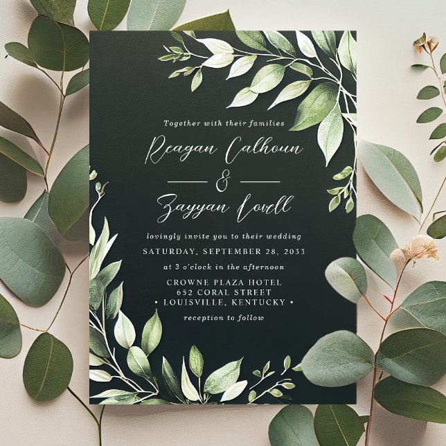 Invitation Élégant vert foncé Feuille Script Mariage (Créateur téléchargé)
